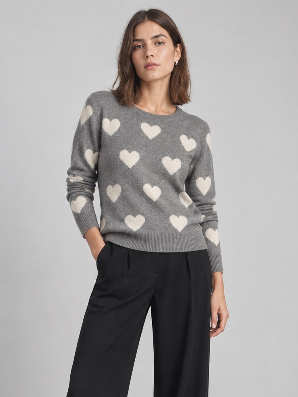 100% Cashmere Heart Sweater Grey Ivory Petite Large LP